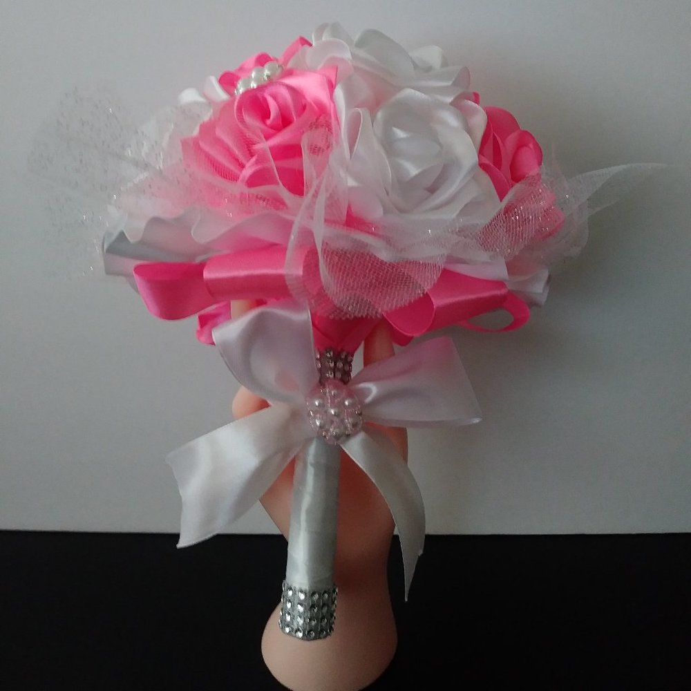 Handmade satin eternal flower bouquet in pink and white tones ideal for wedding